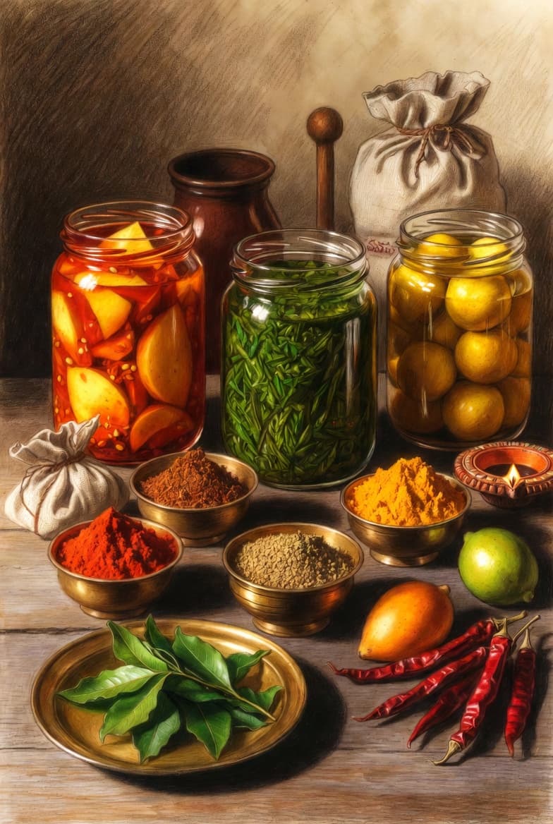 Traditional South Indian pickles and masalas arrangement