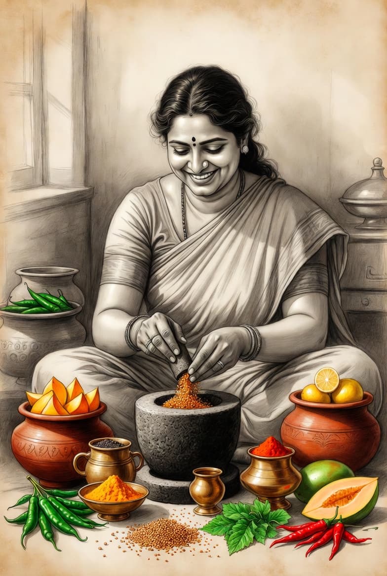 Traditional South Indian mother preparing pickles with love