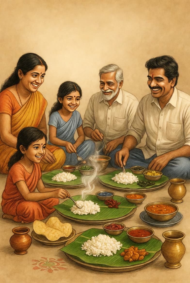 Traditional Telugu family meal on banana leaf